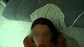 Intense passion with a hot brunette in a bathrobe, ending in cum on her face