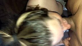 He sucks the beautiful black girl's cock and cums on her