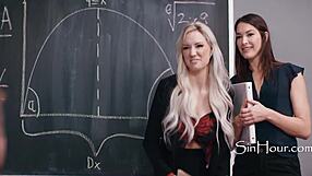 Dyke teachers help desperate male colleague with blowjob and pussy