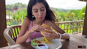 Waiter cums on face in public cafe dining