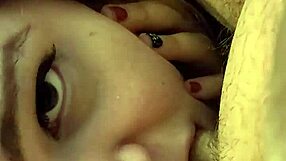 Girl deeply gags on daddy's cock while choking and spitting.