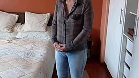 Totally naked stepmom flaunts in jeans sans panties