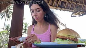 Waiter cums on face in public cafe dining