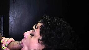 gorgeous hot brunette intensely deepthroats dicks at gloryhole