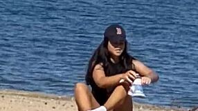 juicy asian on the beach candid hidden teasing playfully with friends