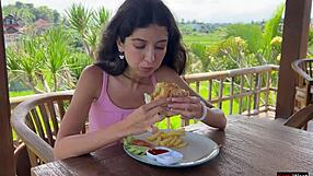 Waiter cums on face in public cafe dining