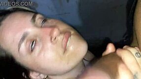 He sucks the beautiful black girl's cock and cums on her