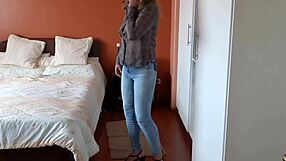Totally naked stepmom flaunts in jeans sans panties