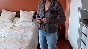 Totally naked stepmom flaunts in jeans sans panties