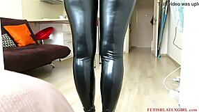 blonde walks around the room in tight leggings