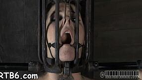 Gagged beauty's cunt drilled viciously by hard monster cock