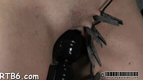 Gagged beauty's cunt drilled viciously by hard monster cock