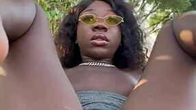 Lola black xxx plays with her pussy using dildo outside in public