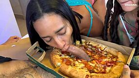 The neighbor brought extra-meat pizza leading to threesome with hot Leyne Rodriguez
