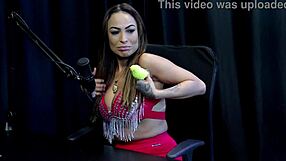 Amateur brunette Belinha Baracho flashes tits in sheer red lingerie during outdoor interview