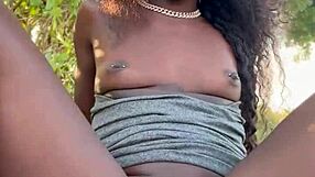 Lola black xxx plays with her pussy using dildo outside in public