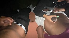 Park lot slut sucks two big cocks in bent over pose