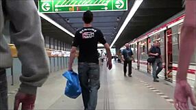 Big tits model Stella Fox in public subway gang bang threesome orgy