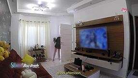 Latina milf wife teases delivery boy with big tits after shower