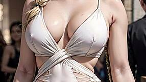 Busty blonde flashing in public outdoor setting