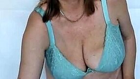 busty granny mariaolds teases with lingerie from beige to mint, hinting at big tits.
