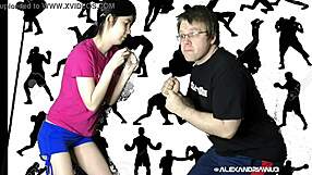 Alexandria Wu fights Clifford Bryant in interracial wrestling fuck