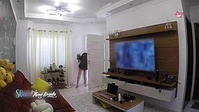 Latina milf wife teases delivery boy with big tits after shower