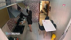 Latina milf wife teases delivery boy with big tits after shower