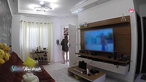 Latina milf wife teases delivery boy with big tits after shower