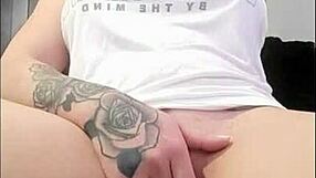 Redhead rubs big cock until climax while watching porn