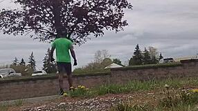 Practicing indoor exercise routine outdoors privately.