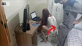 Redhead teen alone at home receives horny repairman on hidden camera