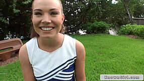 Busty cheerleader flashes boobs outdoors