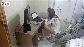 Redhead teen alone at home receives horny repairman on hidden camera