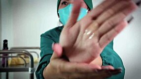 Nurse demonstrates latex gloves fetish in hospital setting