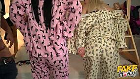 two teens party in pyjamas then squirt in threesome