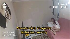 Redhead teen alone at home receives horny repairman on hidden camera