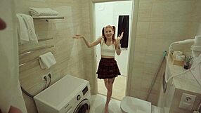 Horny college roommate bends over for quick bathroom fuck in dorm with redhead teen