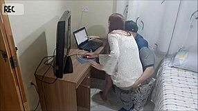 Redhead teen alone at home receives horny repairman on hidden camera