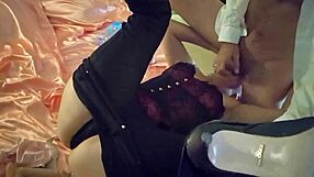 White slut in thong and corset gives blowjob then doggy style!