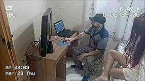 Redhead teen alone at home receives horny repairman on hidden camera