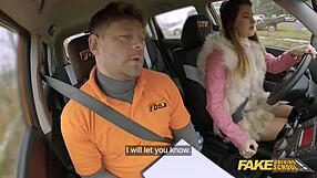 student gia learns driving from instructor in fake school setup