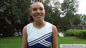 Busty cheerleader flashes boobs outdoors