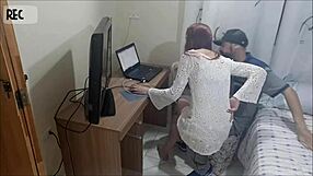 Redhead teen alone at home receives horny repairman on hidden camera