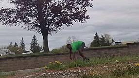 Practicing indoor exercise routine outdoors privately.