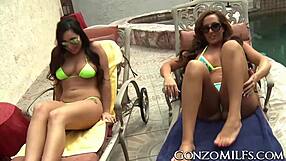 Busty teen intensely scissoring with hot milf outdoors.