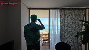 Couple bribes fake police, leading to cowgirl riding and cum on tits in roleplay