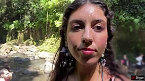 Cum on face in public locker room, then cumwalk at the waterfall 😏