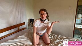 Ovulating submissive girlfriend gets roughly fucked with condom in taboo roleplay