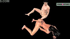 animated cartoon of japanese man and indian woman in doggy style with mutual touching